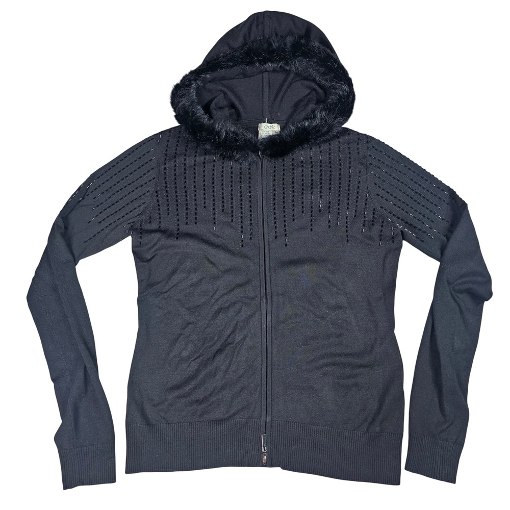 Cache Y2K Cardigan Sweater Zip Up Beaded Fur Trim Hooded Silk Blend Black ‎ M
